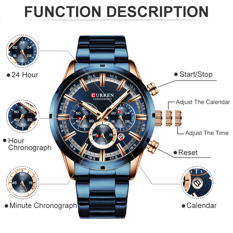 Top Brand Luxury Military Leather Wrist Watch Casual Sport Watches for Men Blue Man Clock Fashion Chronograph Wristwatch