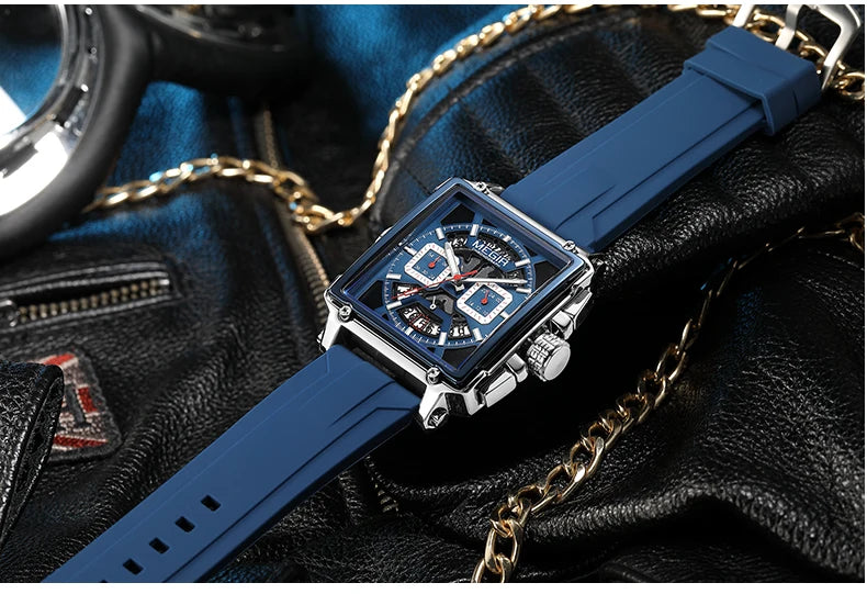 Navy Blue Quartz Watch for Men Chronograph Waterproof Wristwatch with Silicone Strap Luminous Hands Date