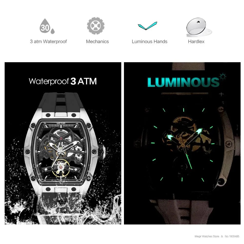 Men's Automatic Mechanical Watch with Stainless Steel Case Silicone Band Skeleton Dial Waterproof Sport Wristwatch