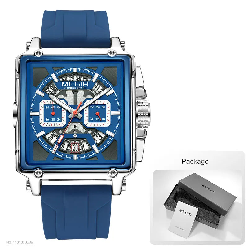Navy Blue Quartz Watch for Men Chronograph Waterproof Wristwatch with Silicone Strap Luminous Hands Date