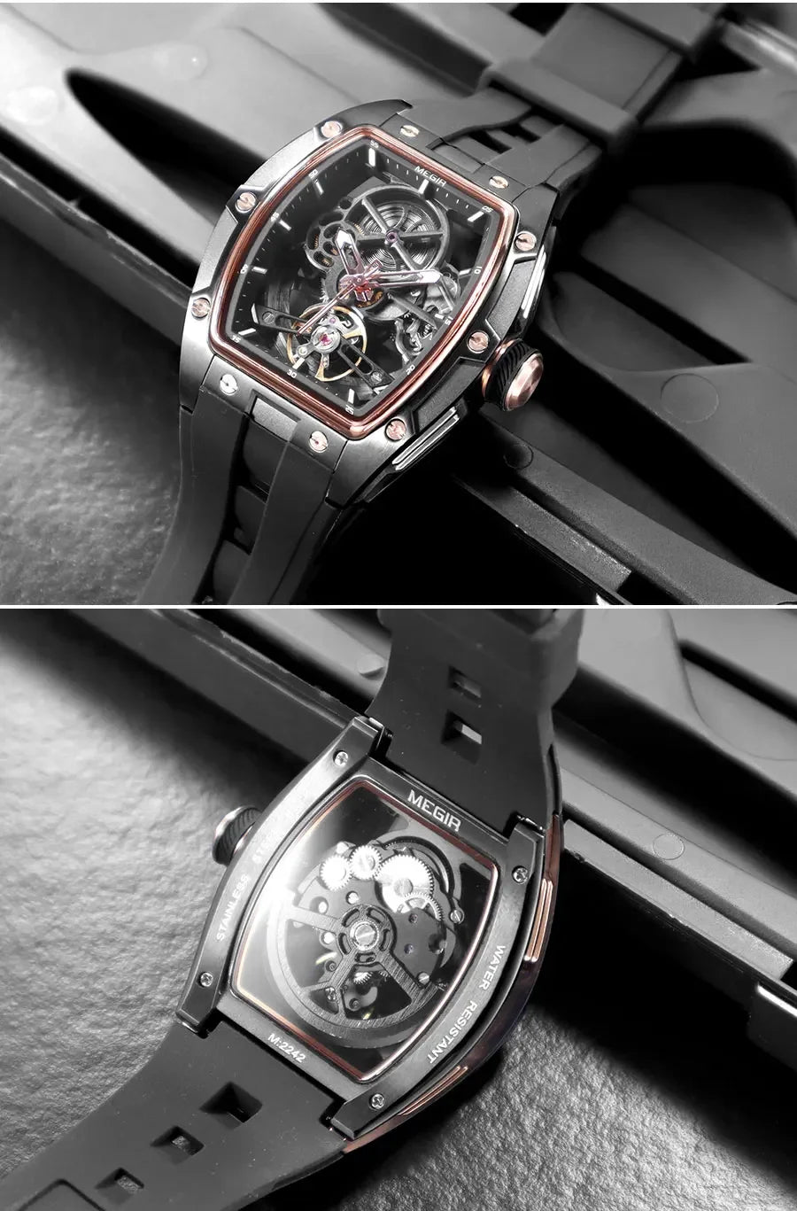 Men's Automatic Mechanical Watch with Stainless Steel Case Silicone Band Skeleton Dial Waterproof Sport Wristwatch