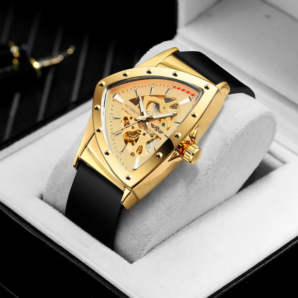 High Range Men's Automatic Mechanica Watches Luminous Luxury Tourbillon Gold Wristwatch Rubber Strap Triangle