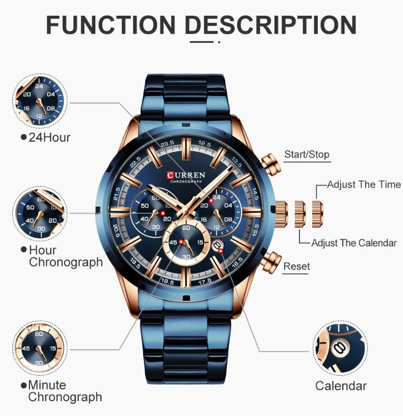Top Brand Luxury Military Leather Wrist Watch Casual Sport Watches for Men Blue Man Clock Fashion Chronograph Wristwatch