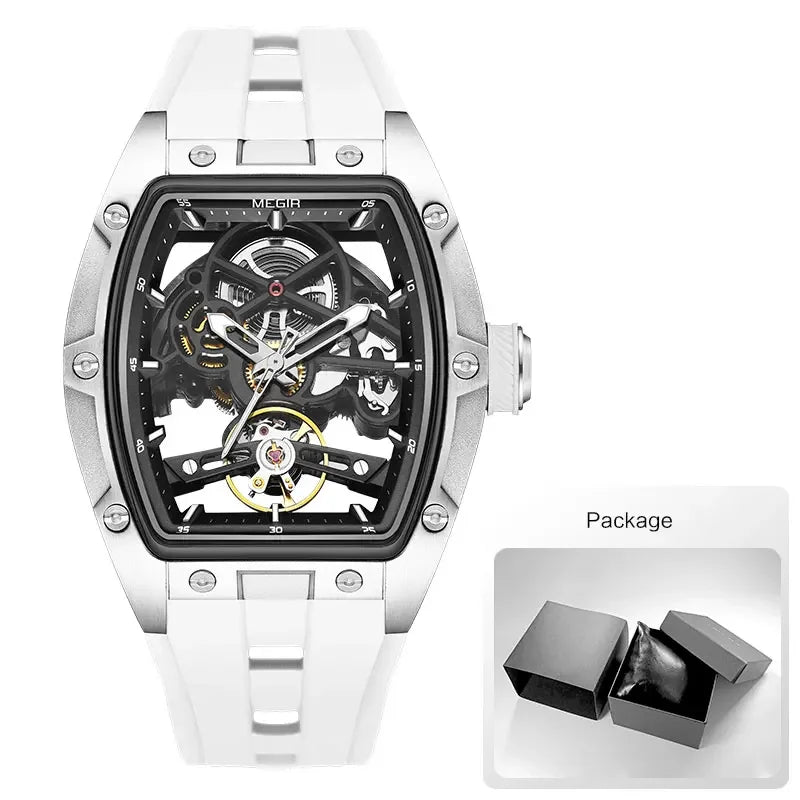 Men's Automatic Mechanical Watch with Stainless Steel Case Silicone Band Skeleton Dial Waterproof Sport Wristwatch