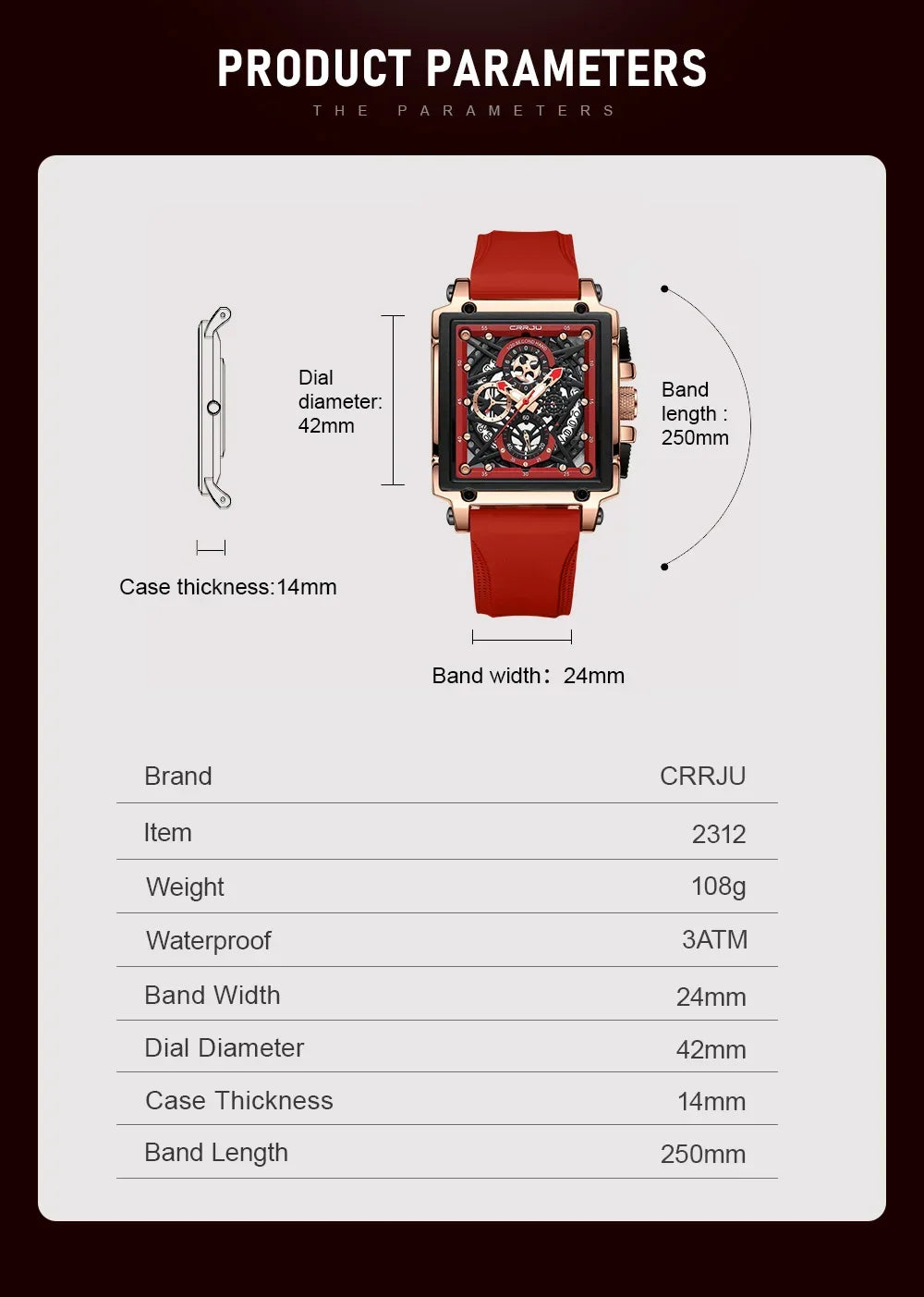 Men’s Sport Chronograph Watch – Square Quartz Design & Silicone Strap