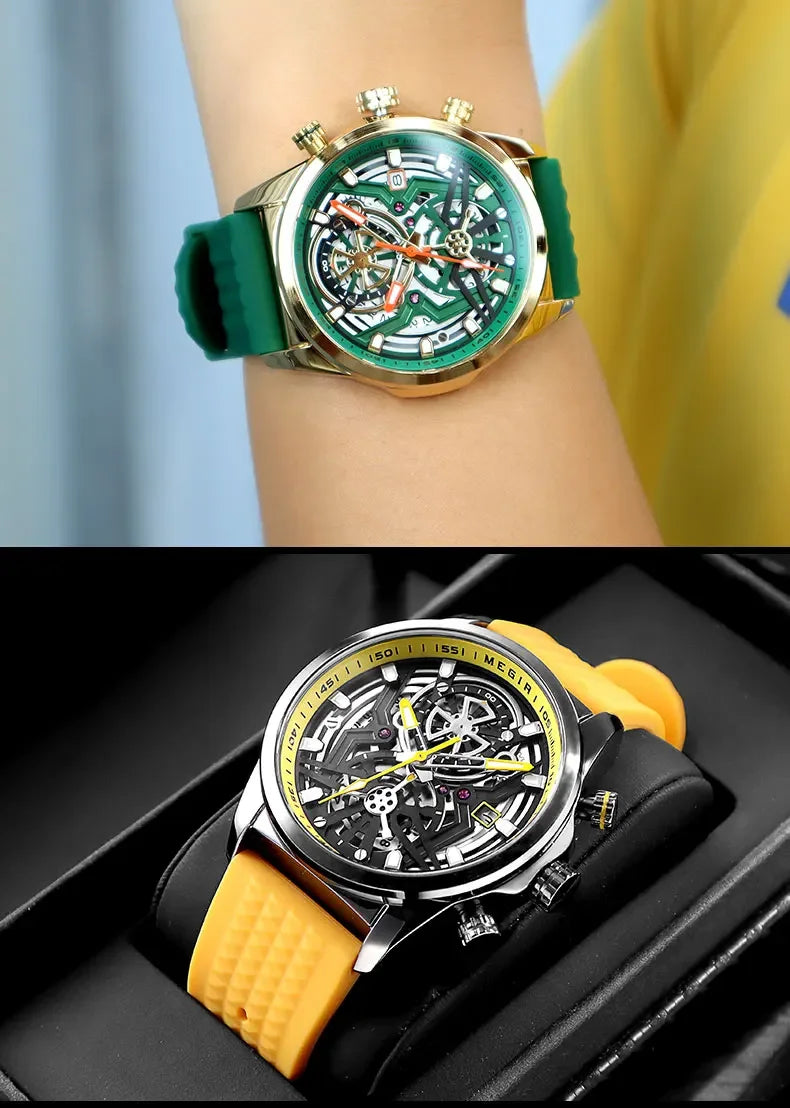 Sport Quartz Watch Men Fashion Waterproof Chronograph Wristwatch with Date Olive Green Silicone Strap Luminous