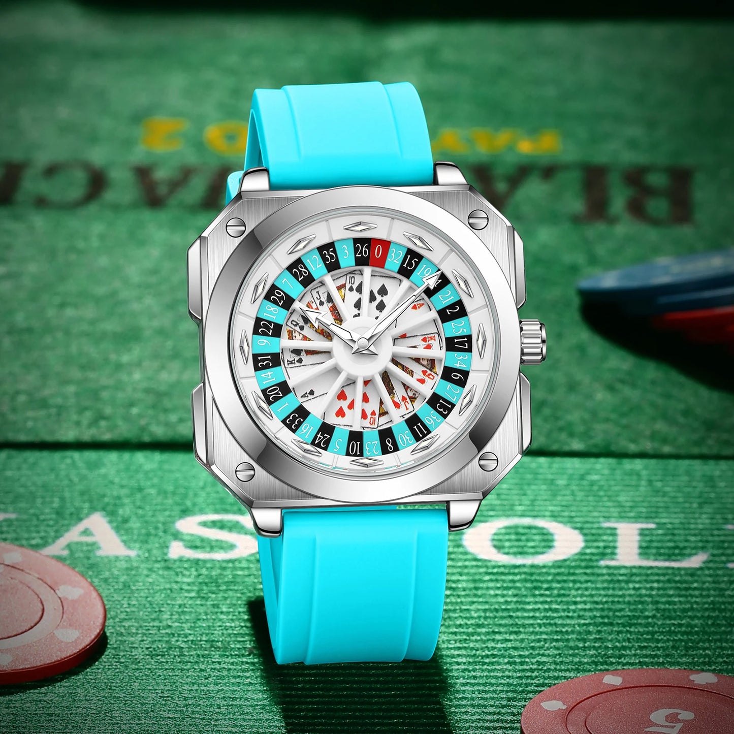 Brand Quartz Movement Men Watch 42mm Square Silver Black Silicone Clock Creative Rotating Compass Military Men Watch