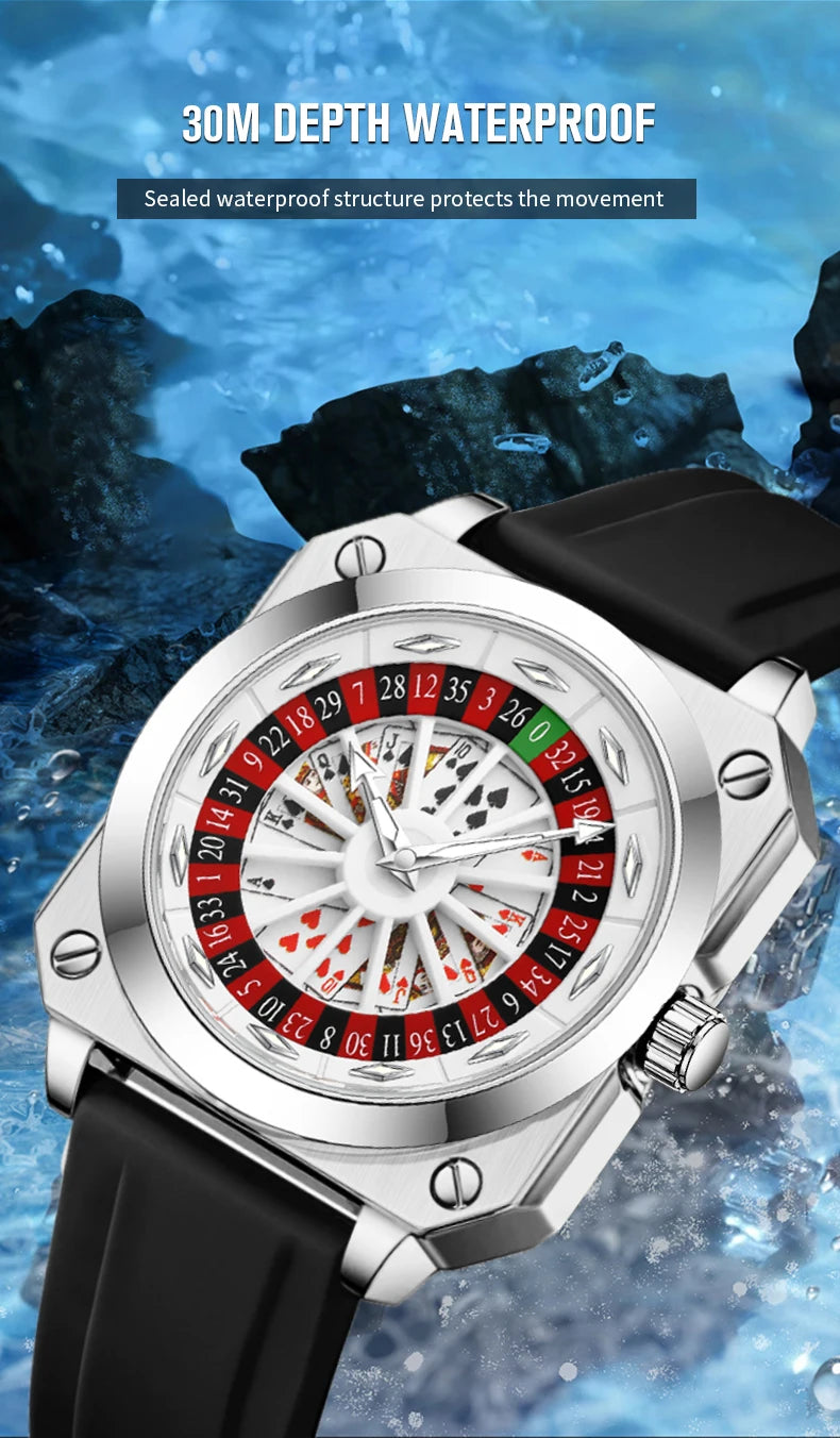 Brand Quartz Movement Men Watch 42mm Square Silver Black Silicone Clock Creative Rotating Compass Military Men Watch