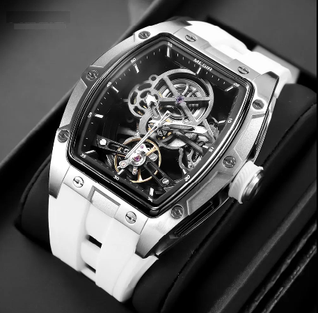 Men's Automatic Mechanical Watch with Stainless Steel Case Silicone Band Skeleton Dial Waterproof Sport Wristwatch