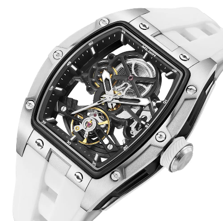Men's Automatic Mechanical Watch with Stainless Steel Case Silicone Band Skeleton Dial Waterproof Sport Wristwatch