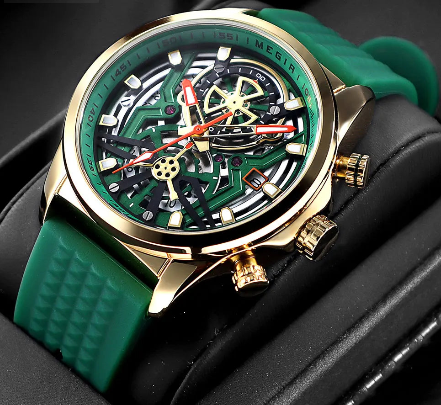 Sport Quartz Watch Men Fashion Waterproof Chronograph Wristwatch with Date Olive Green Silicone Strap Luminous