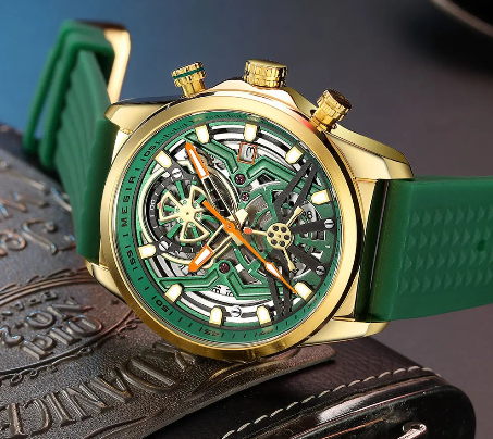Sport Quartz Watch Men Fashion Waterproof Chronograph Wristwatch with Date Olive Green Silicone Strap Luminous
