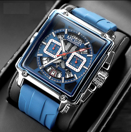 Navy Blue Quartz Watch for Men Chronograph Waterproof Wristwatch with Silicone Strap Luminous Hands Date
