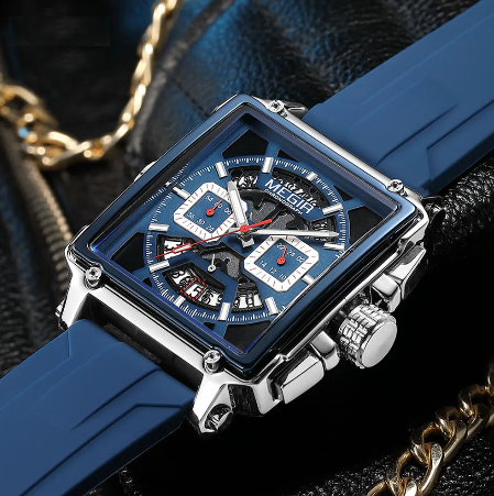 Navy Blue Quartz Watch for Men Chronograph Waterproof Wristwatch with Silicone Strap Luminous Hands Date