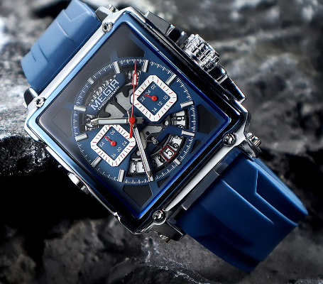 Navy Blue Quartz Watch for Men Chronograph Waterproof Wristwatch with Silicone Strap Luminous Hands Date