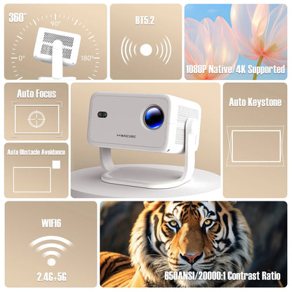 Projector 4K Auto Focus & Keystone Native 1080P Android11 Allwinner H713 BT5.2 WIFI6 360° Portable Outdoor