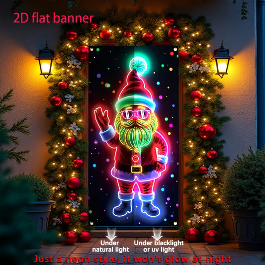 2D flat, 1 festive Santa Claus neon door flag - durable polyester, luminous Christmas and New Year party decoration