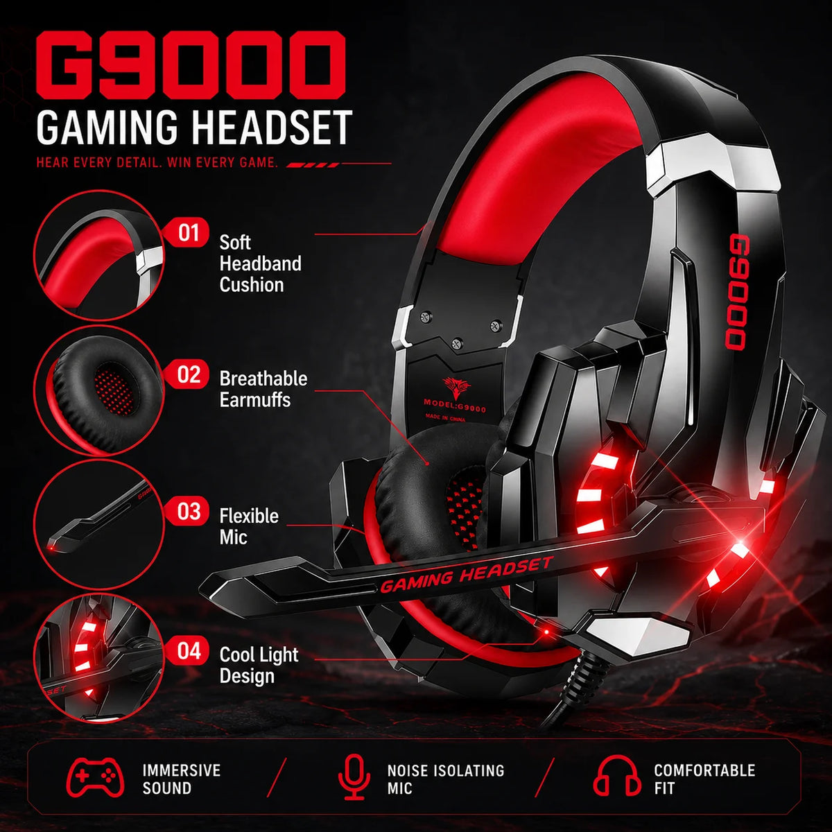 G9000 Wired Gaming Headset with Microphone & LED Light