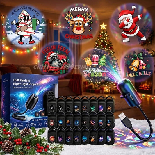 2027 Upgraded 5D plug and play hd Christmas projector - HD Smart Dynamic Night Light, 360° Rotating USB Powered Projector
