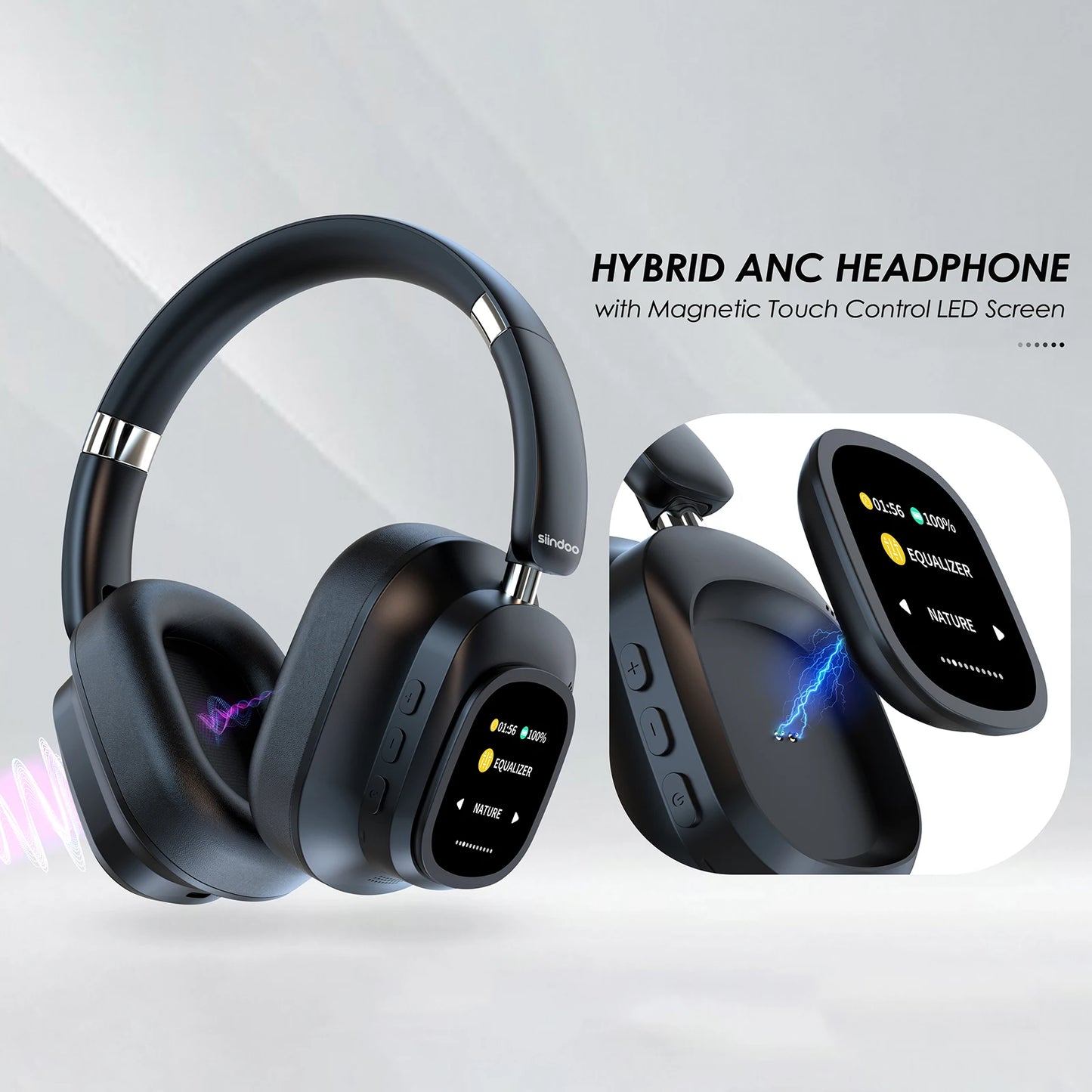 Hybrid Wireless Headphone Active Noise Cancelling Magnetic Touch Control LED Screen
