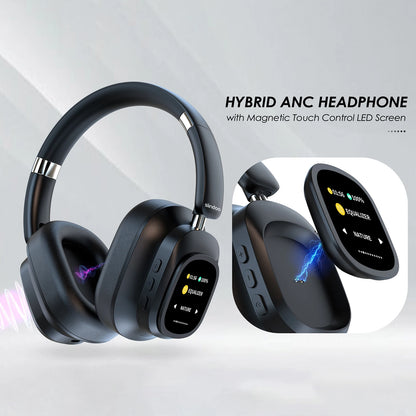 Hybrid Wireless Headphone Active Noise Cancelling Magnetic Touch Control LED Screen