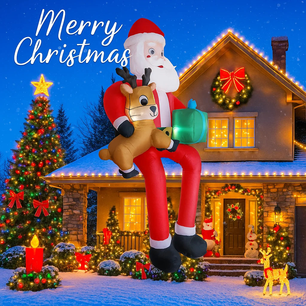 9.5 FT Inflatable Santa & Reindeer Christmas Decoration