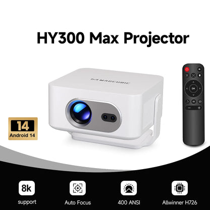 Auto Focus Android 14 4K Projector 400ANSI 8K Native 720P HY300 With Wifi6 BT5.4 Portable Outdoor