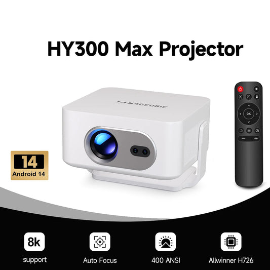 Auto Focus Android 14 4K Projector 400ANSI 8K Native 720P HY300 With Wifi6 BT5.4 Portable Outdoor