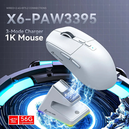 Wireless Gaming Mouse, 3-Mode Wired/2.4G/BT5.2, 26K DPI, RGB, Charging Base