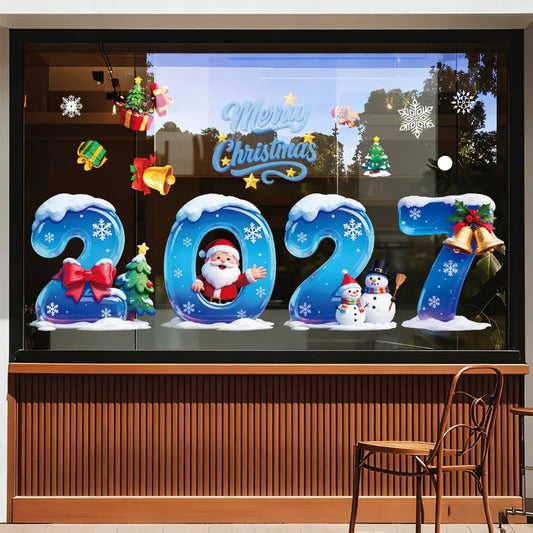 Christmas Window Stickers "2027" New Year Santa Snowman Glass Decals Removable Xmas Ornament Window Cling for Holiday Home Decor