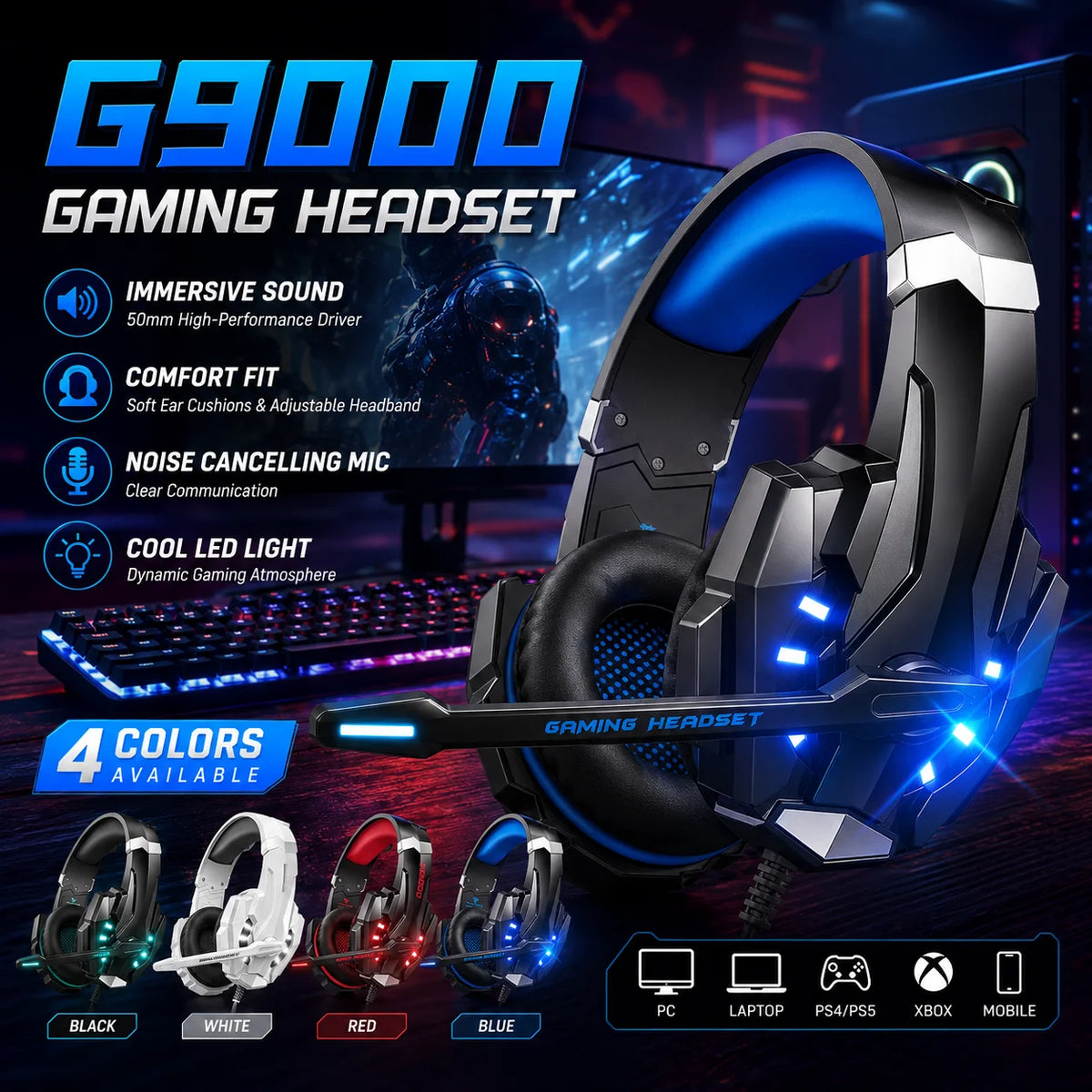 G9000 wired gaming headset with microphone and LED light