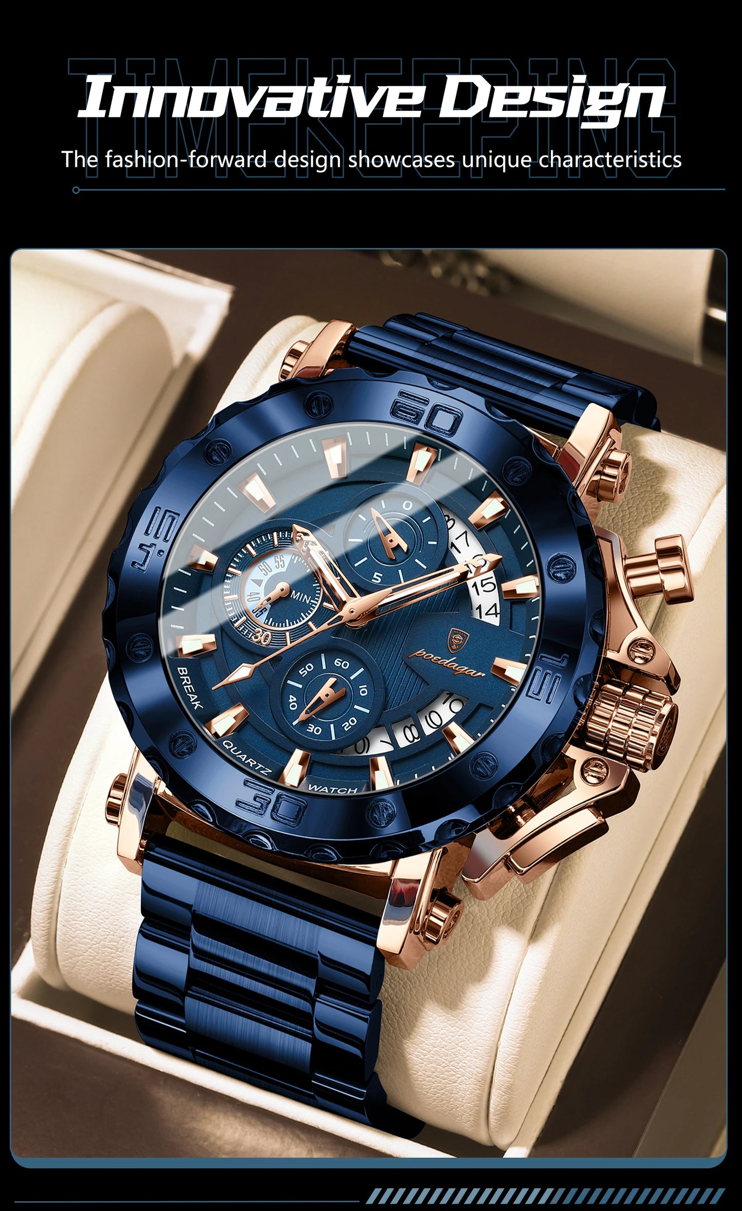 Luxury Men Wristwatch Date Luminous Waterproof Quartz Man Clock Chronograph Stainless Steel Fashion