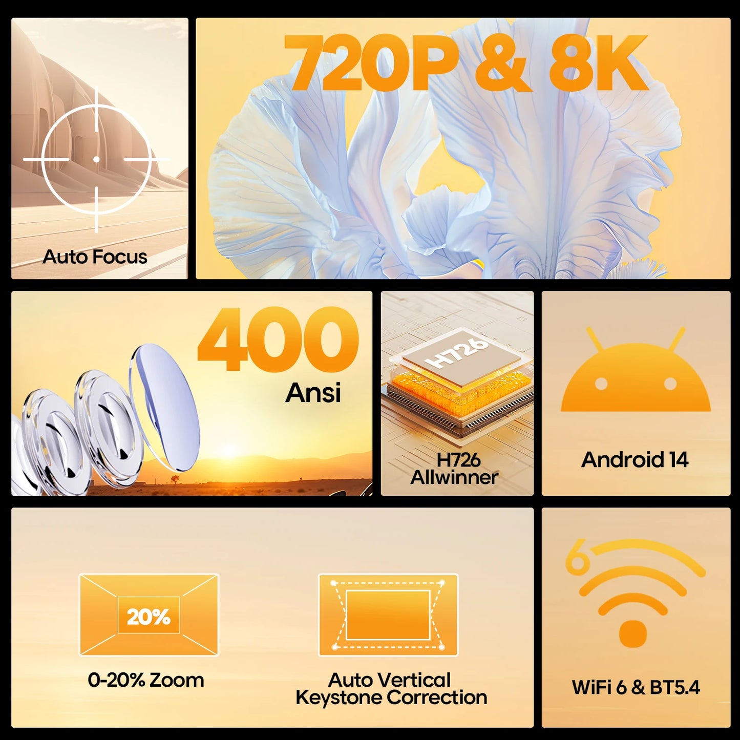 Auto Focus Android 14 4K Projector 400ANSI 8K Native 720P HY300 With Wifi6 BT5.4 Portable Outdoor