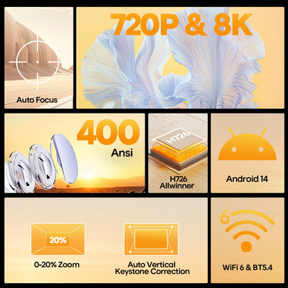 Auto Focus Android 14 4K Projector 400ANSI 8K Native 720P HY300 With Wifi6 BT5.4 Portable Outdoor