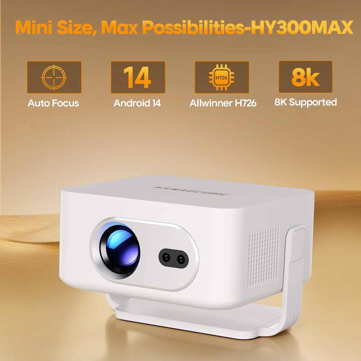 Auto Focus Android 14 4K Projector 400ANSI 8K Native 720P HY300 With Wifi6 BT5.4 Portable Outdoor