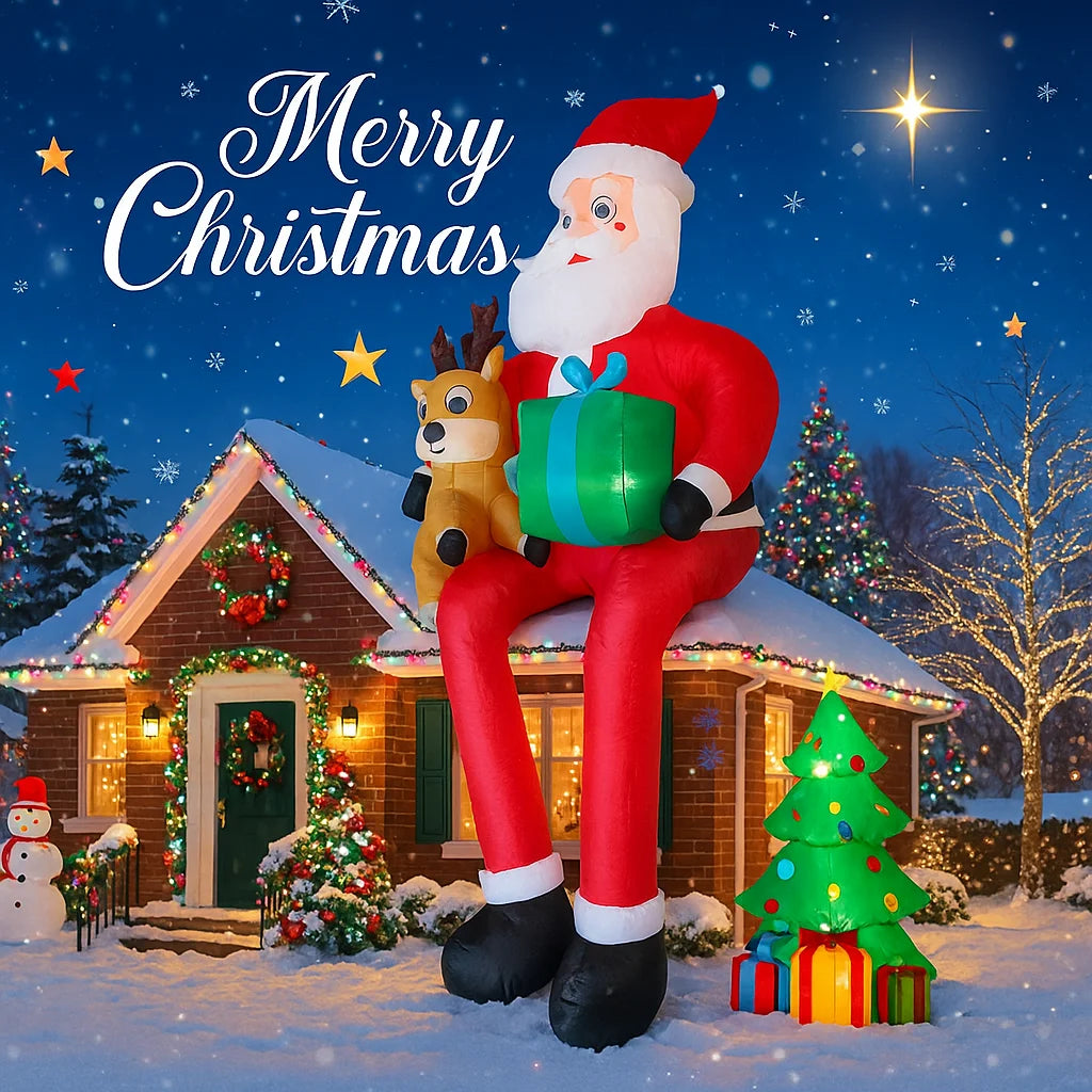 9.5 FT Inflatable Santa & Reindeer Christmas Decoration