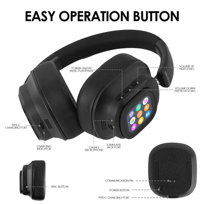 Hybrid Wireless Headphone Active Noise Cancelling Magnetic Touch Control LED Screen