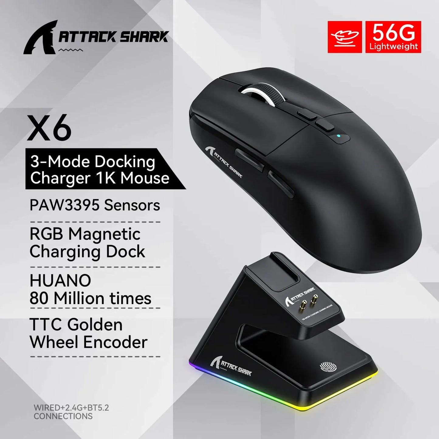 Wireless Gaming Mouse, 3-Mode Wired/2.4G/BT5.2, 26K DPI, RGB, Charging Base