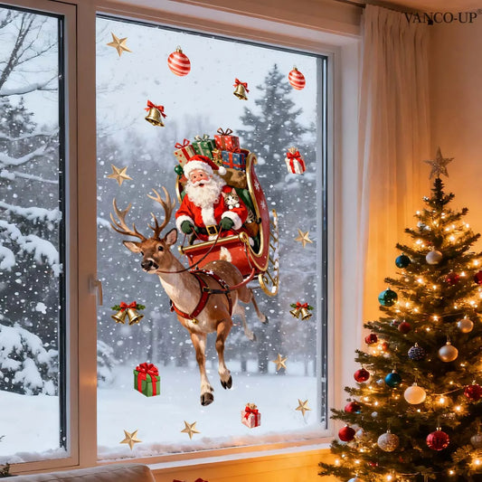 Christmas Window Clings Stickers Santa Claus Reindeer Sleigh Gift Static Sticker Xmas Window Decals for Glass Home Decorations