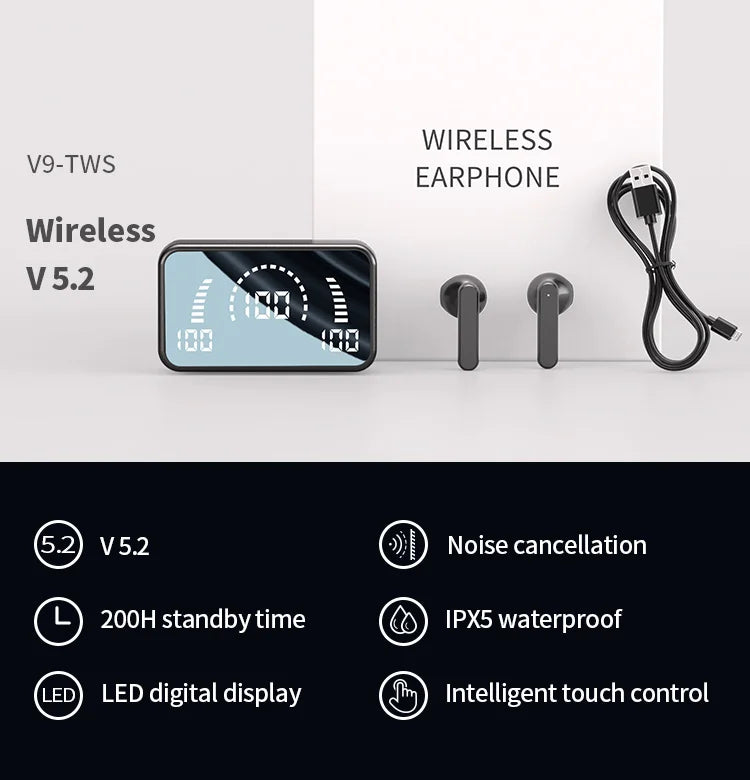 Wireless Bluetooth Headset with Charge Box Noise Cancelling LED Earbuds with Mic Wireless Headphones Bluetooth Earphones