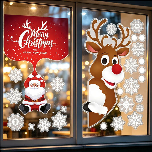 Christmas Window Stickers Santa Claus Reindeer Snowflake Static Window Clings Merry Christmas Glass Decals New Year Party Decors