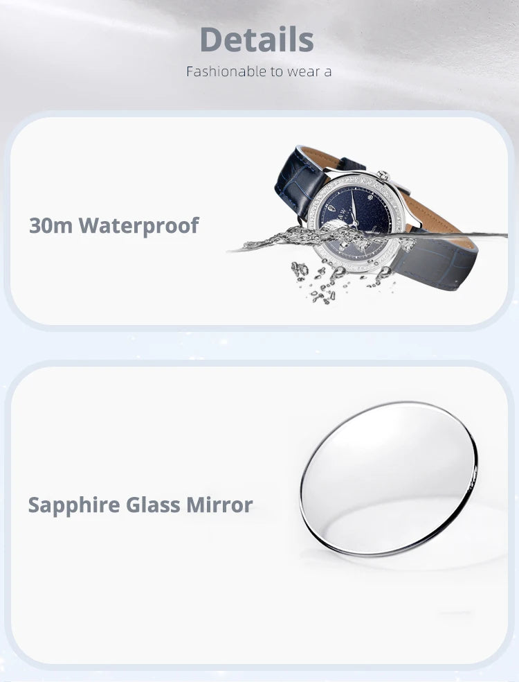 Diamond Leather Watch Sapphire & Waterproof