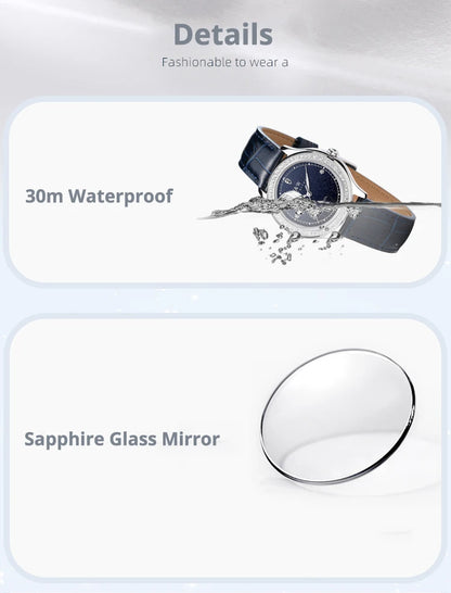 Diamond Leather Watch Sapphire & Waterproof