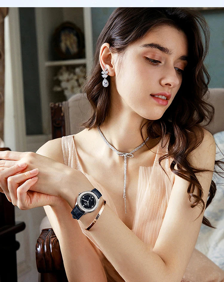 Diamond Leather Watch Sapphire & Waterproof