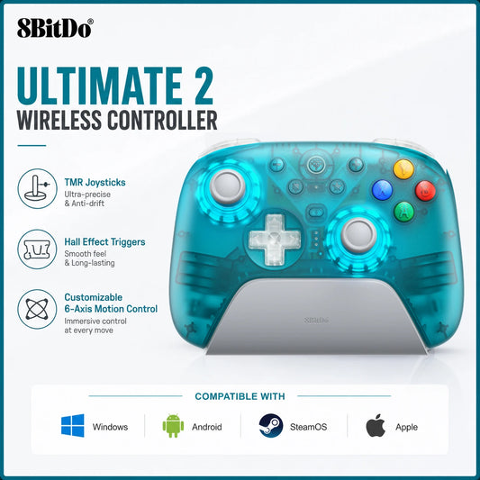 8BitDo Ultimate 2 wireless gaming controller with charging dock