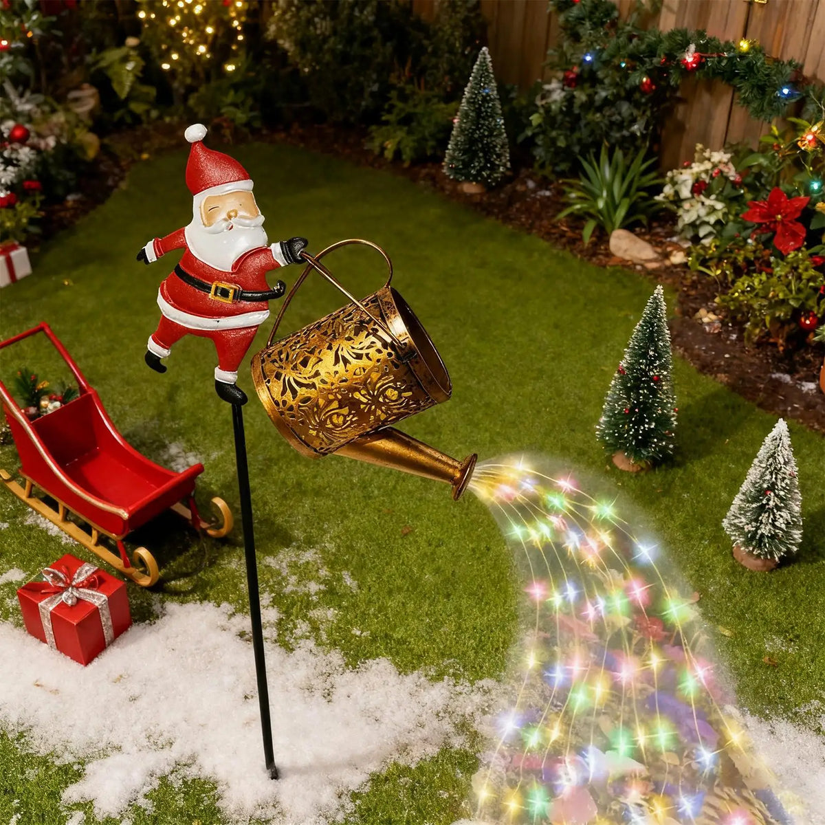 Solar Santa Watering Can Christmas Lights