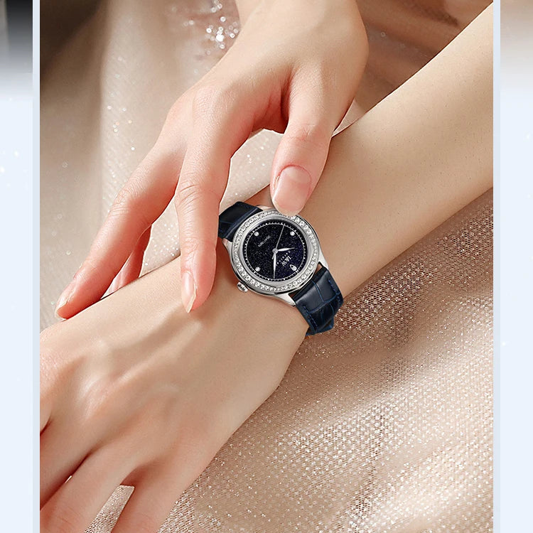 Diamond Leather Watch Sapphire & Waterproof