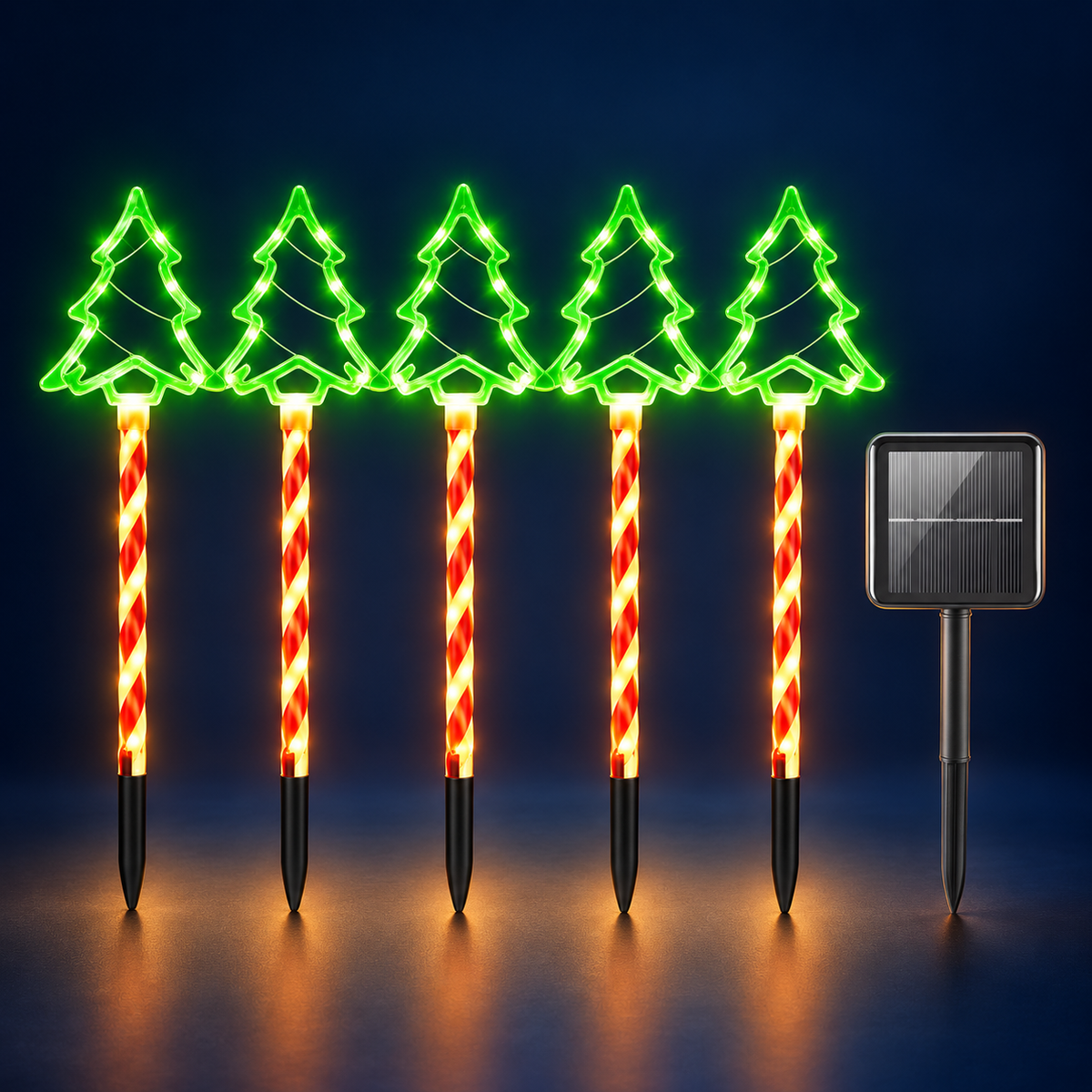 Five solar Christmas tree stake lights with solar panel