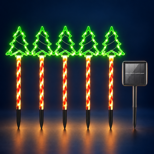 Five solar Christmas tree stake lights with solar panel
