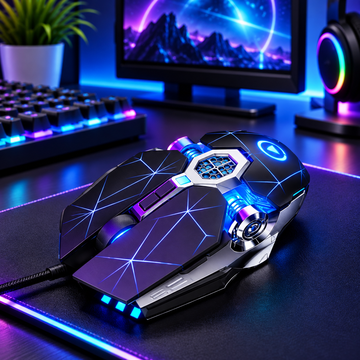 Futuristic wired RGB gaming mouse black